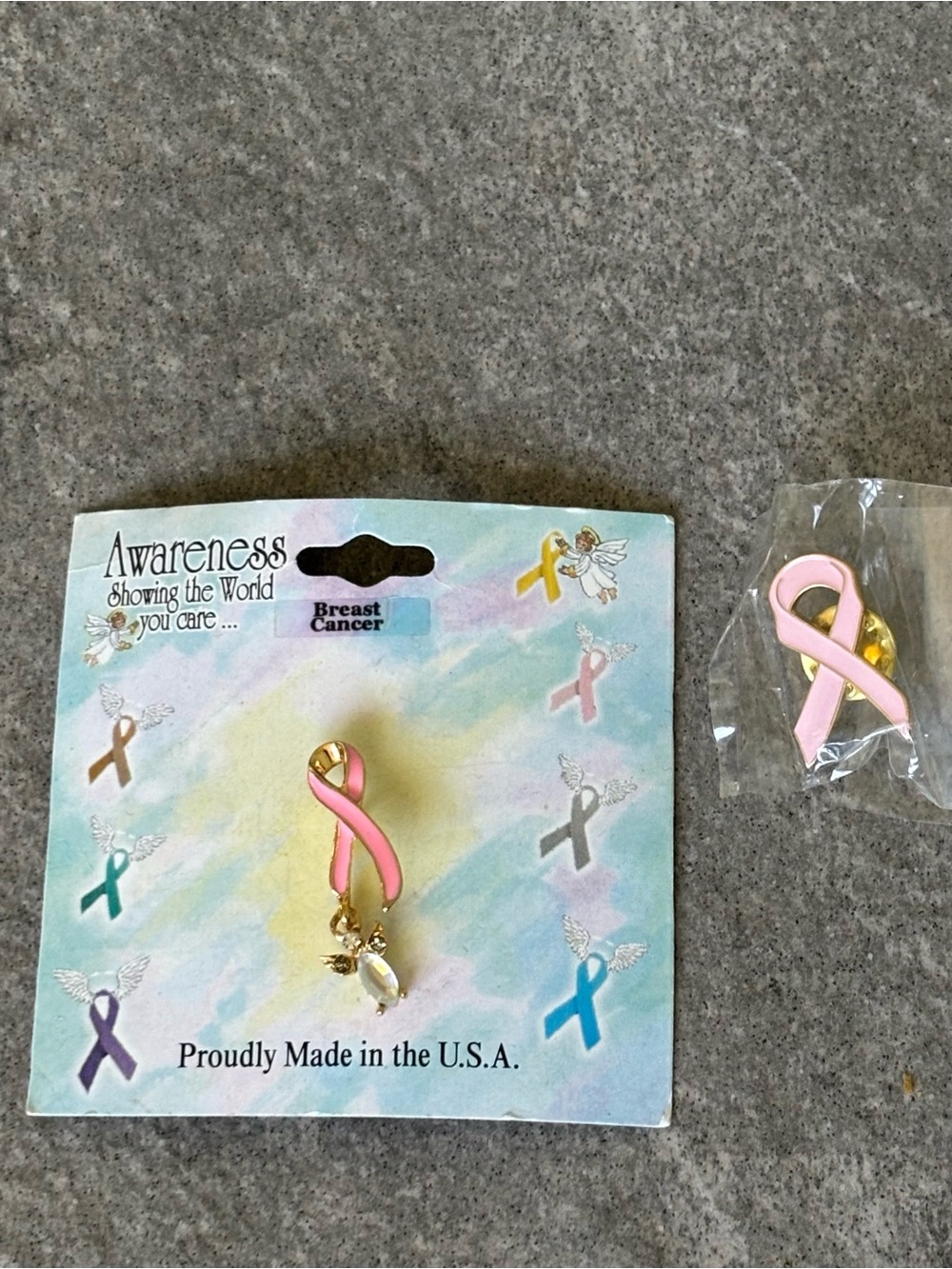 NEW 2 Pieces Pink GoldTone Ribbon Breast Cancer Awareness Pins Flair NWT NIP Set
